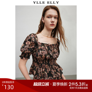 方领泡泡袖 2025夏季 新款 文艺风印花小衫 ELLY法式 YLLE 复古雪纺衫
