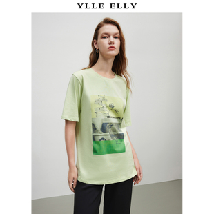 YLLE ELLY/衣衫妙影纯棉短袖女2026夏季新款圆领印花T恤宽松上衣