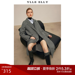 YLLE 黑白綿羊毛雙面呢大衣 ELLY復古千鳥格毛呢外套2023秋冬新款
