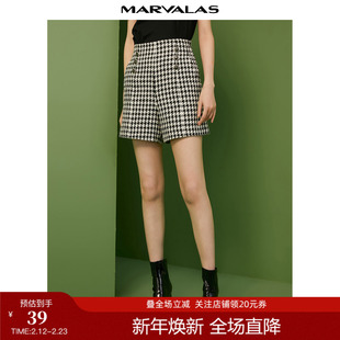 曼德诗千鸟格短裤女2025夏绵羊毛混纺高腰A字裤时尚双排扣休闲裤