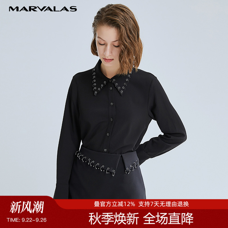 曼德诗黑色新款通勤百搭风衬衫
