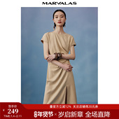 新款 短袖 连肩袖 曼德诗纯色卡其圆领连衣裙2025夏季 套头中长款 裙子