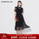 曼德诗黑色蕾丝连衣裙女2025年夏季 中长款 裙勾花收腰显瘦大摆裙子