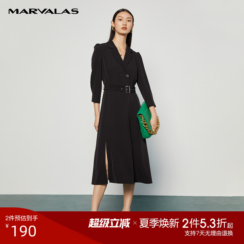 曼德诗黑色西装连衣裙女2025春季性感侧开叉高腰气质显瘦小黑裙