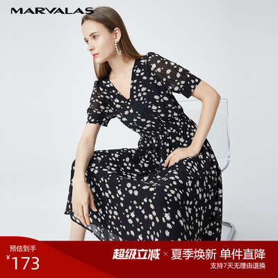 曼德诗黑花连衣裙2022新款夏装