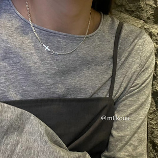 韩国东大门LIE代购 圆片拼接链条十字架项链锁骨链 925通体银ab款