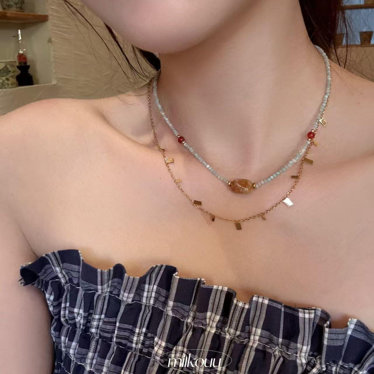 milkouu/夏日小度假风 韩系柠檬天然石红玛瑙串珠项链锁骨链
