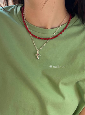 韩国东大门代购 eter春款小众设计红色珊瑚扁珠串珠银色蘑菇项链