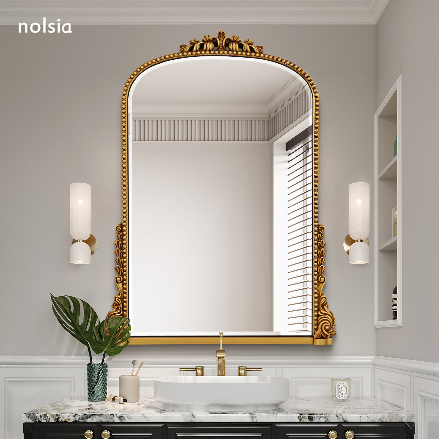 法式雕花拱形镜子挂墙卫生间欧式复古金色化妆镜壁挂洗面台梳妆镜