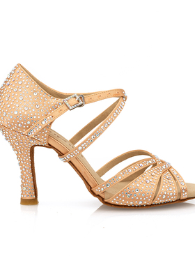 Suphini时尚镶钻香槟色软底跳舞交谊舞恰恰伦巴桑巴牛仔拉丁舞鞋