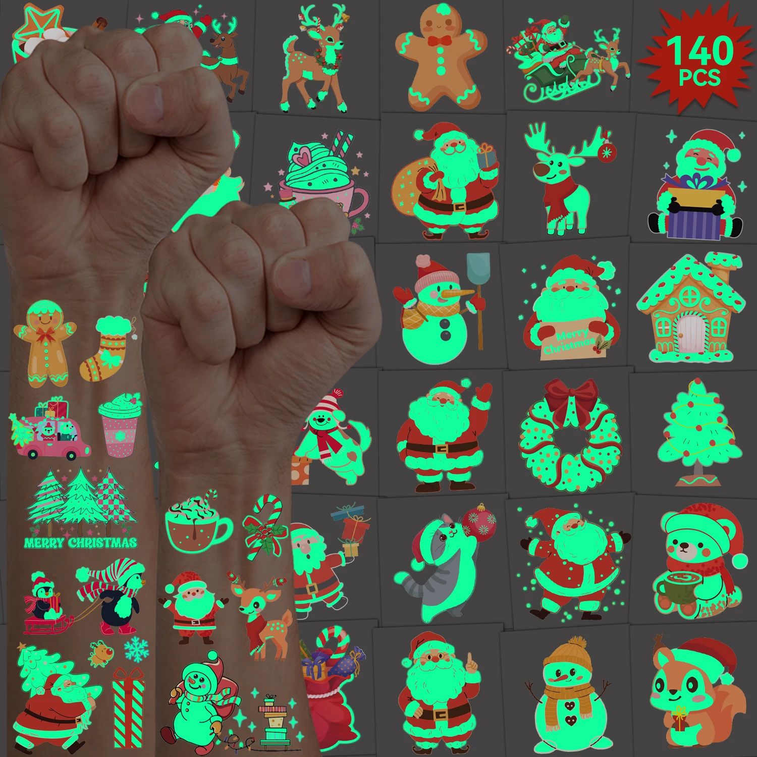 140+ PCS Glow in the Dark Christmas Tattoos, Christmas Tempo
