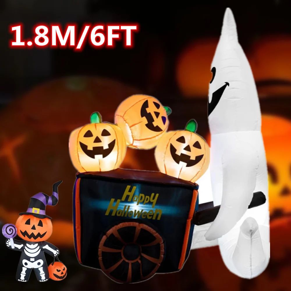 Halloween Inflatable 6FT Ghost Pushing Pumpkin Cart,with Bui