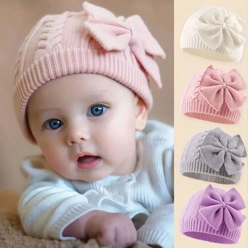 0-2Y Baby Knit Hat with Large Bow Soft Stretchy Winter Hat f