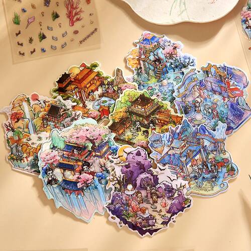 24pcs Cute Mini Cartoon World Cabin Landscape Stickers Visua