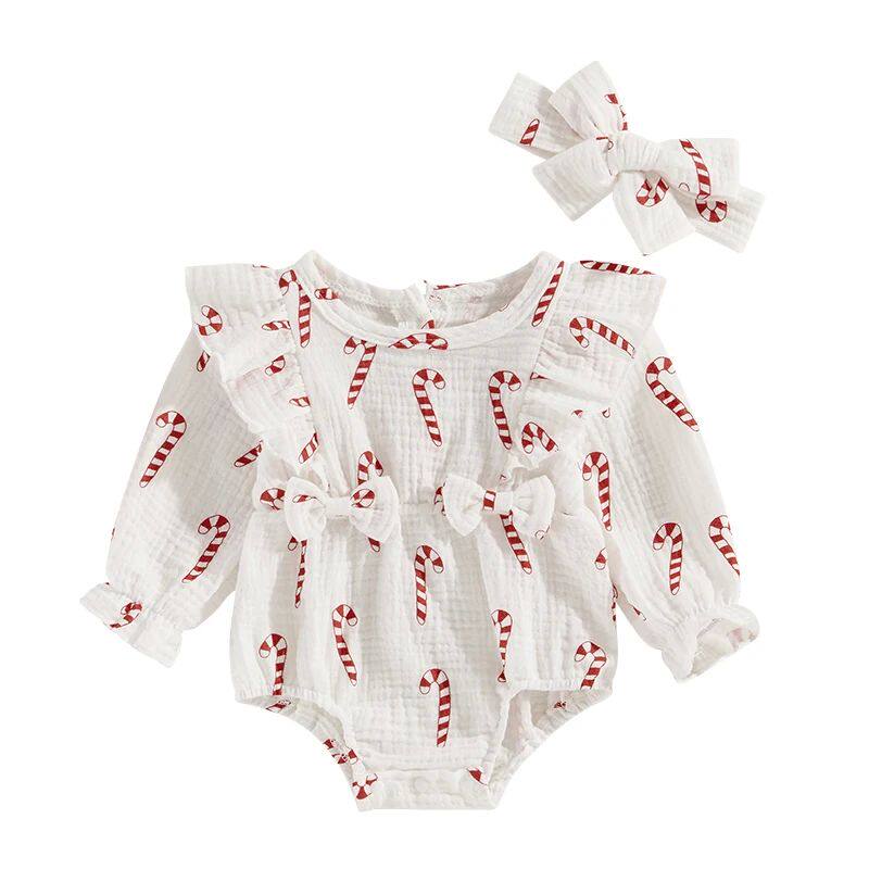 Baby Girls Christmas Romper Candy Cane Print Long Sleeve Jum