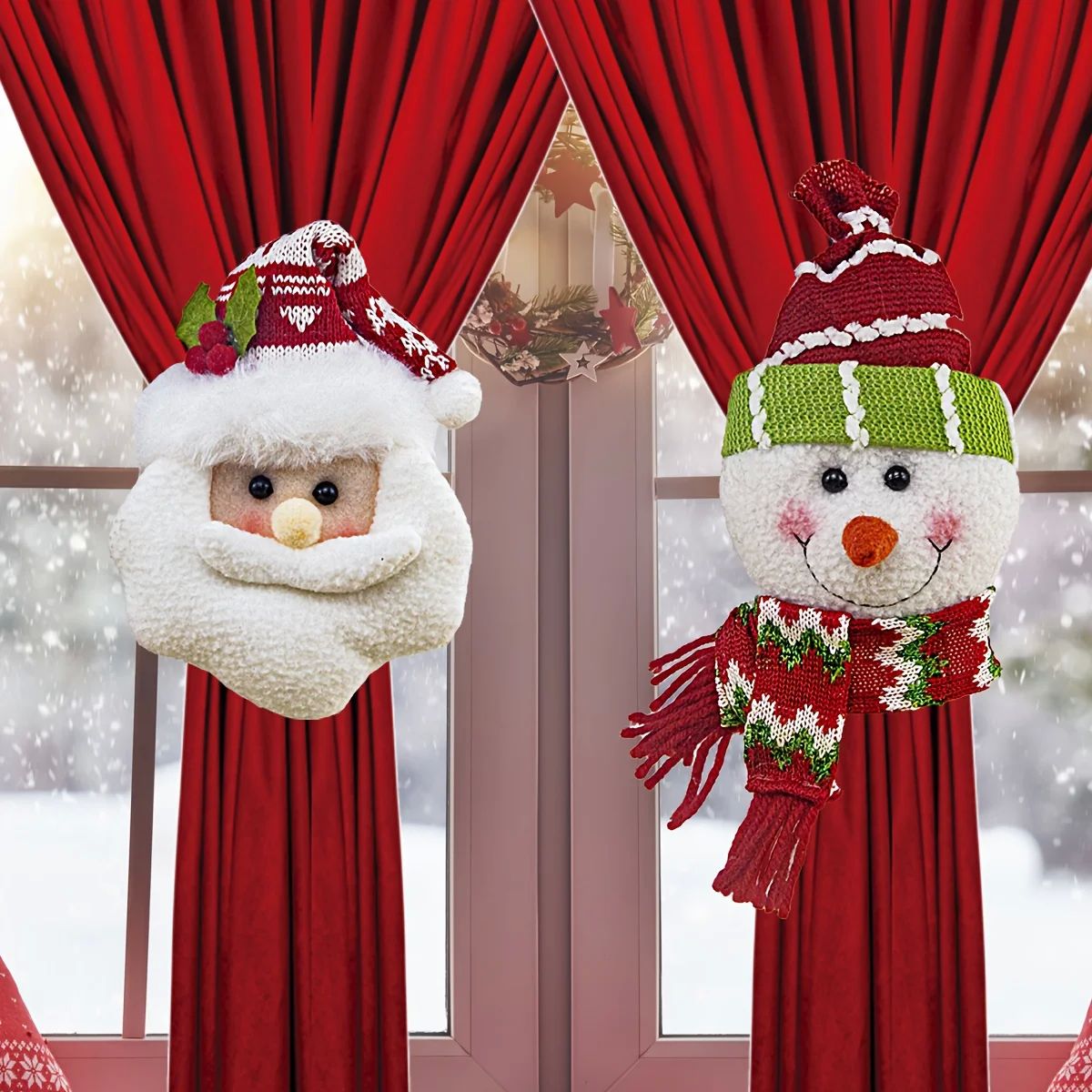 1/2pc Festive Santa Snowman Curtain Clips Retro Plaid Christ