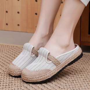夏季亚麻包头半拖鞋女外穿棉麻渔夫鞋厚底民族风老北京布鞋一脚蹬