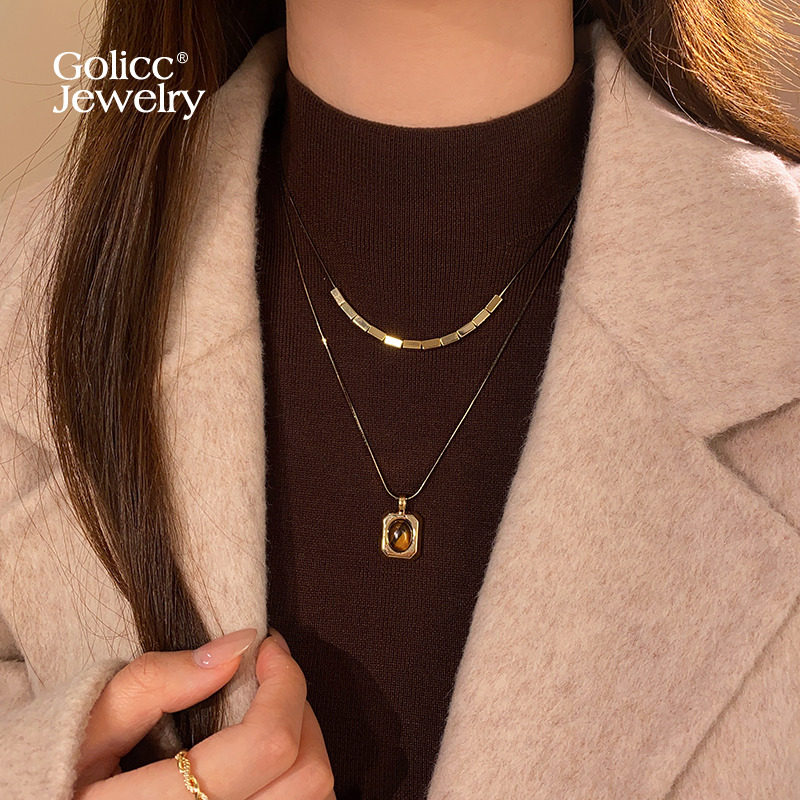 古里雅虎眼石方形毛衣项链高级感