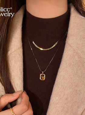 古里雅虎眼石方形毛衣项链高级感