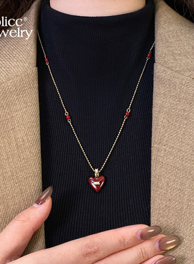 古里雅红色微镶爱心项链高级感