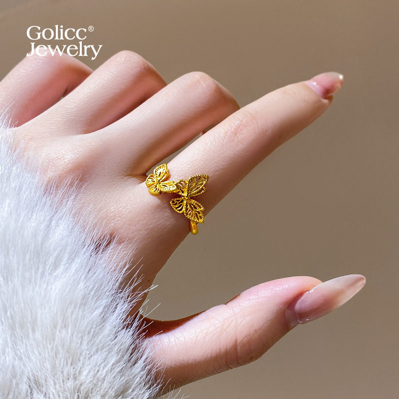 古里雅金色蝴蝶戒指可调节高级感
