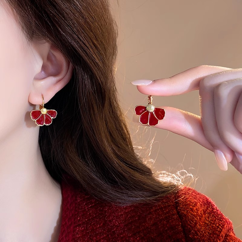 古里雅安可拉红色花朵耳钉高级感