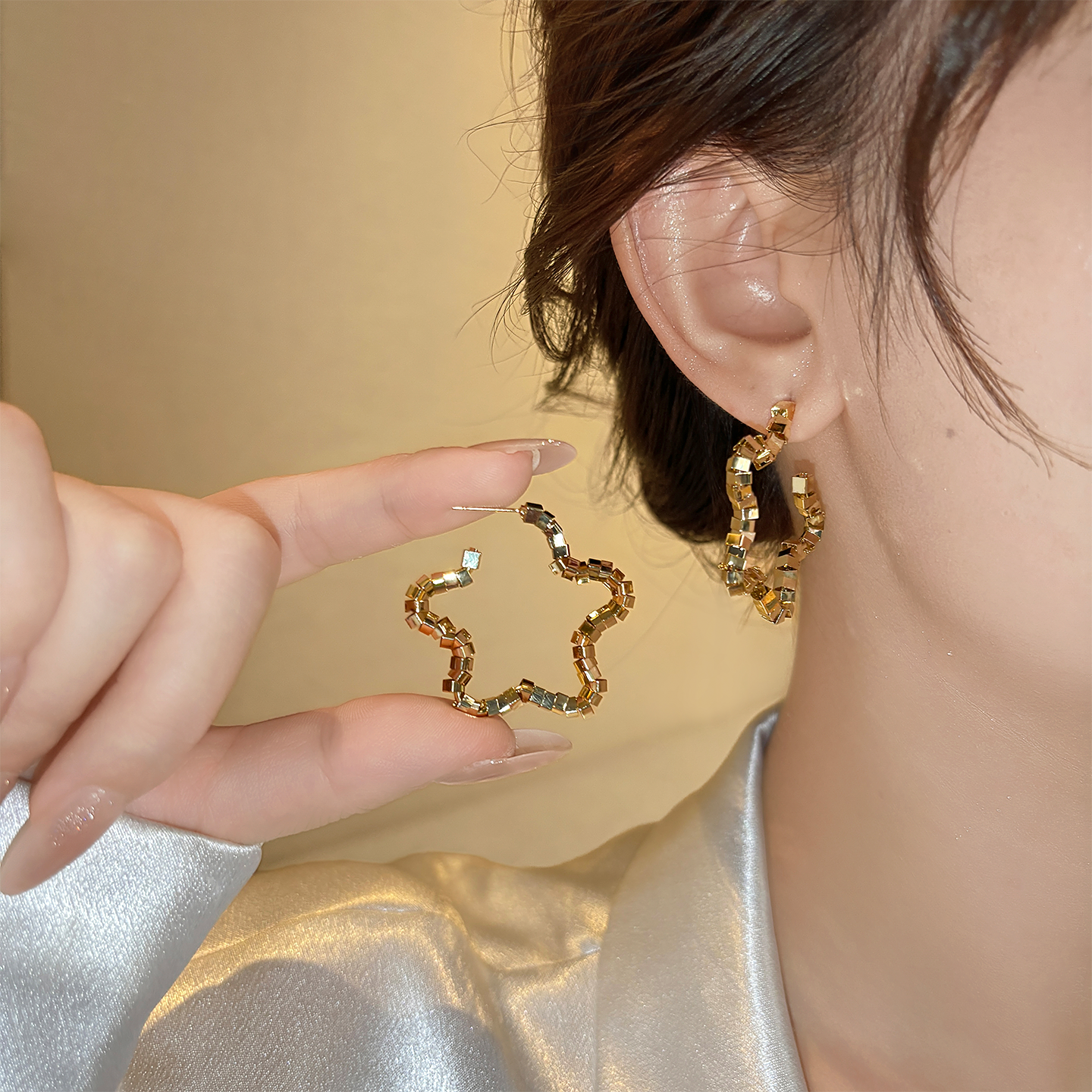 古里雅碎银子星星耳圈耳环高级感