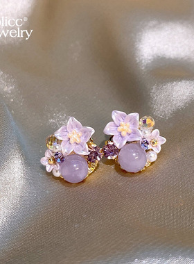 微镶紫色花朵耳环女超好看独特漂亮耳钉2026新款今年流行爆款耳饰