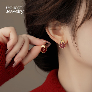 红色钱币耳钉女轻奢高级感耳饰精致小巧2026巨好看的耳环睡觉免摘