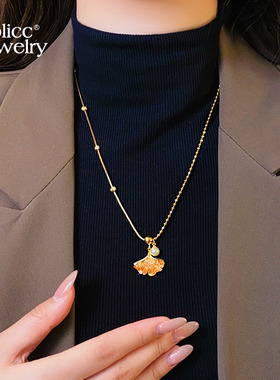 古里雅锆石银杏叶珍珠项链高级感