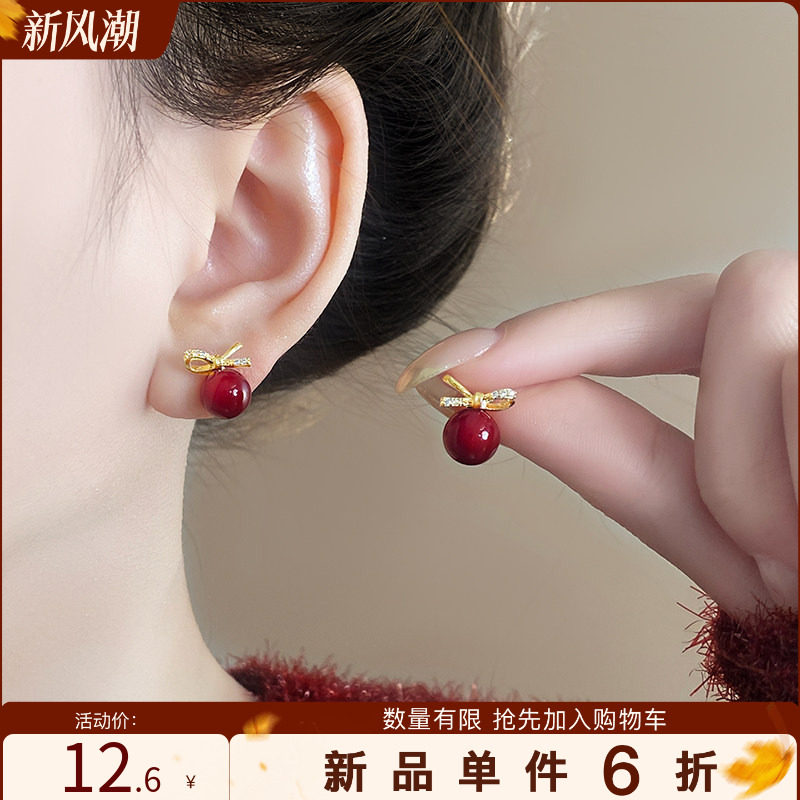 古里雅红色锆石蝴蝶结耳钉高级感