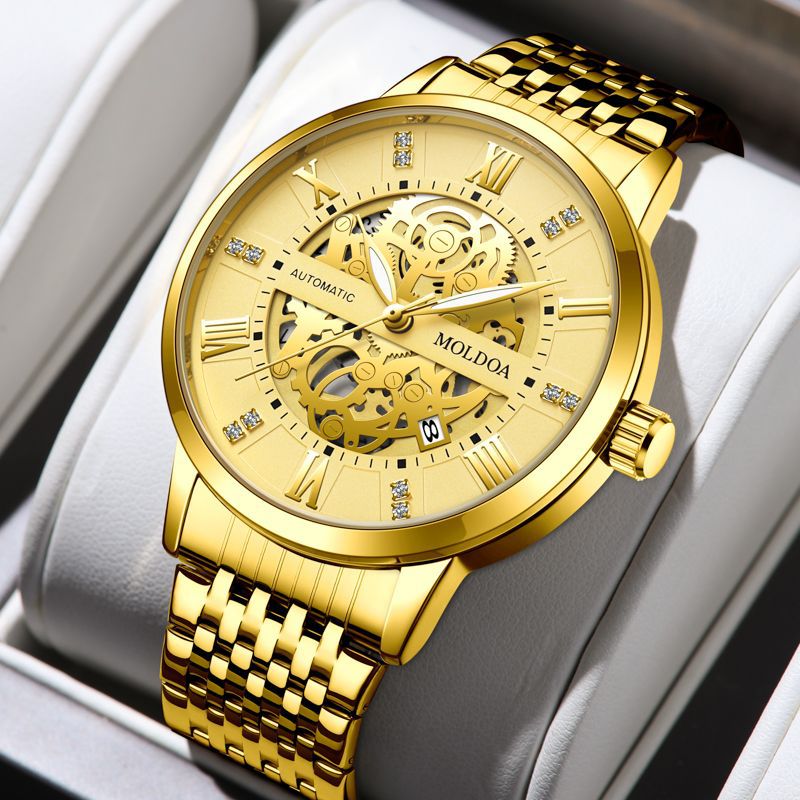 新款MOLDOA瑞士机械镂空男表夜光防水日历礼盒装