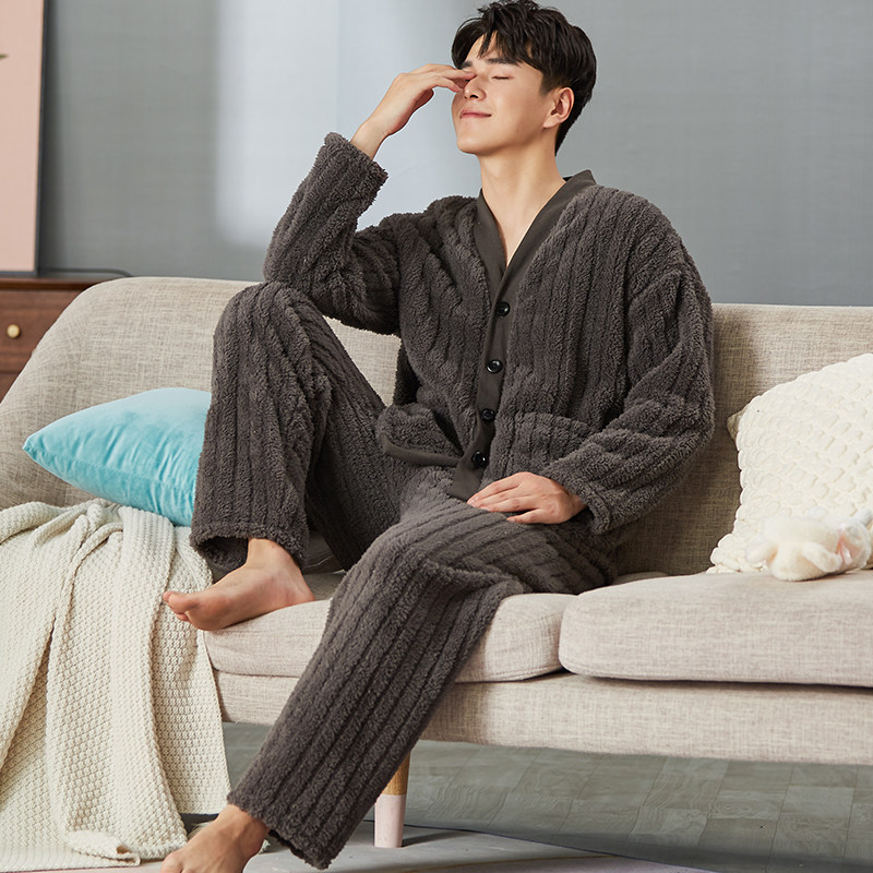 蓝豆娘睡衣男秋冬季北极绒加厚套装中年男士宽松加大码保暖家居服