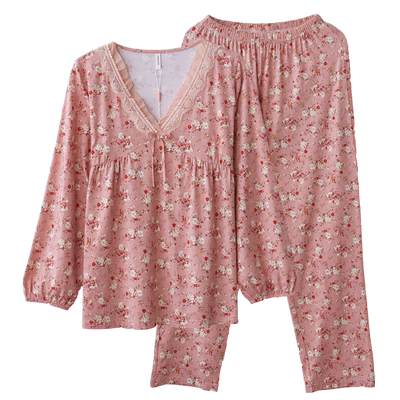 春秋季新款碎花长袖丝光棉睡衣女