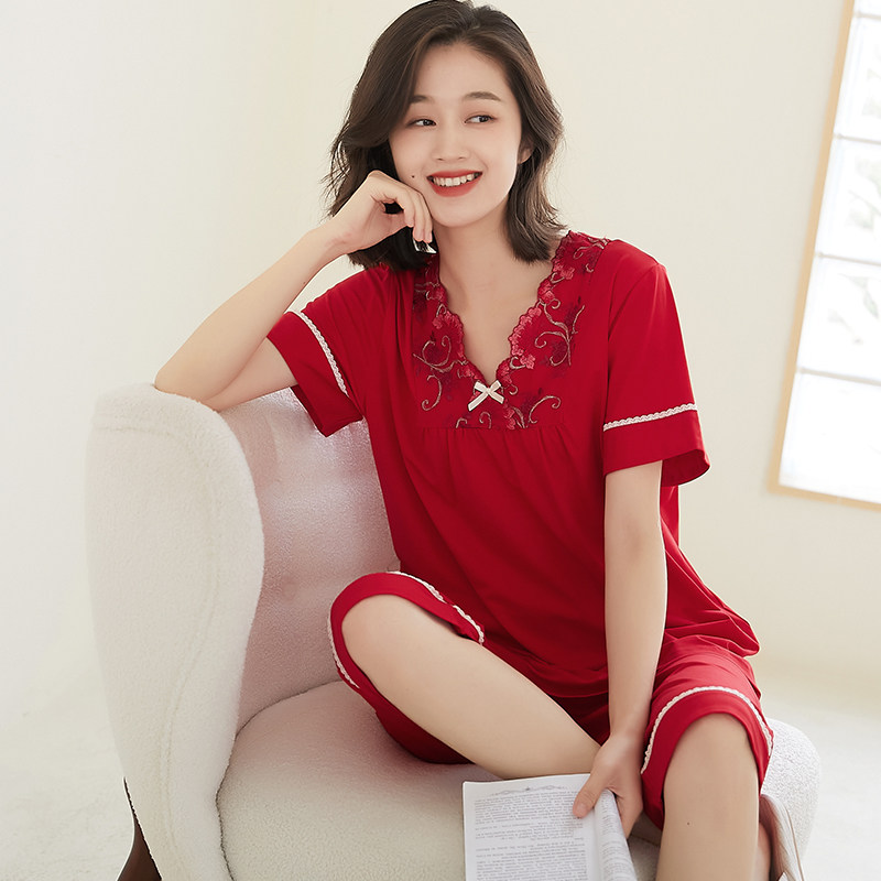蓝豆娘红色睡衣女夏丝光棉薄款短袖套装中年宽松大码本命年家居服,女士内衣/男士内衣/家居服,睡衣/家居服套装,淘宝优惠券,粉丝福利购,淘宝优惠卷
