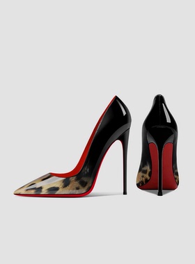 2024黑色渐变豹纹尖头细跟大码12cm单鞋狂野黑色小性感超高跟鞋