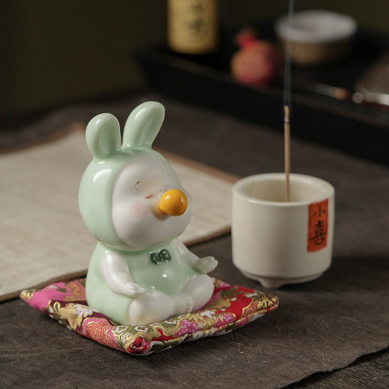 青瓷打坐小兔子小鸭子茶宠摆件可爱萌宠玉兔家居摆饰礼盒装小茶玩