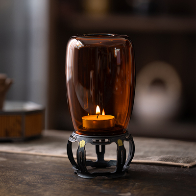 古篱蜡烛灯盏古铜底座禅意茶室氛围灯玻璃琥铂色空间装饰摆件烛台