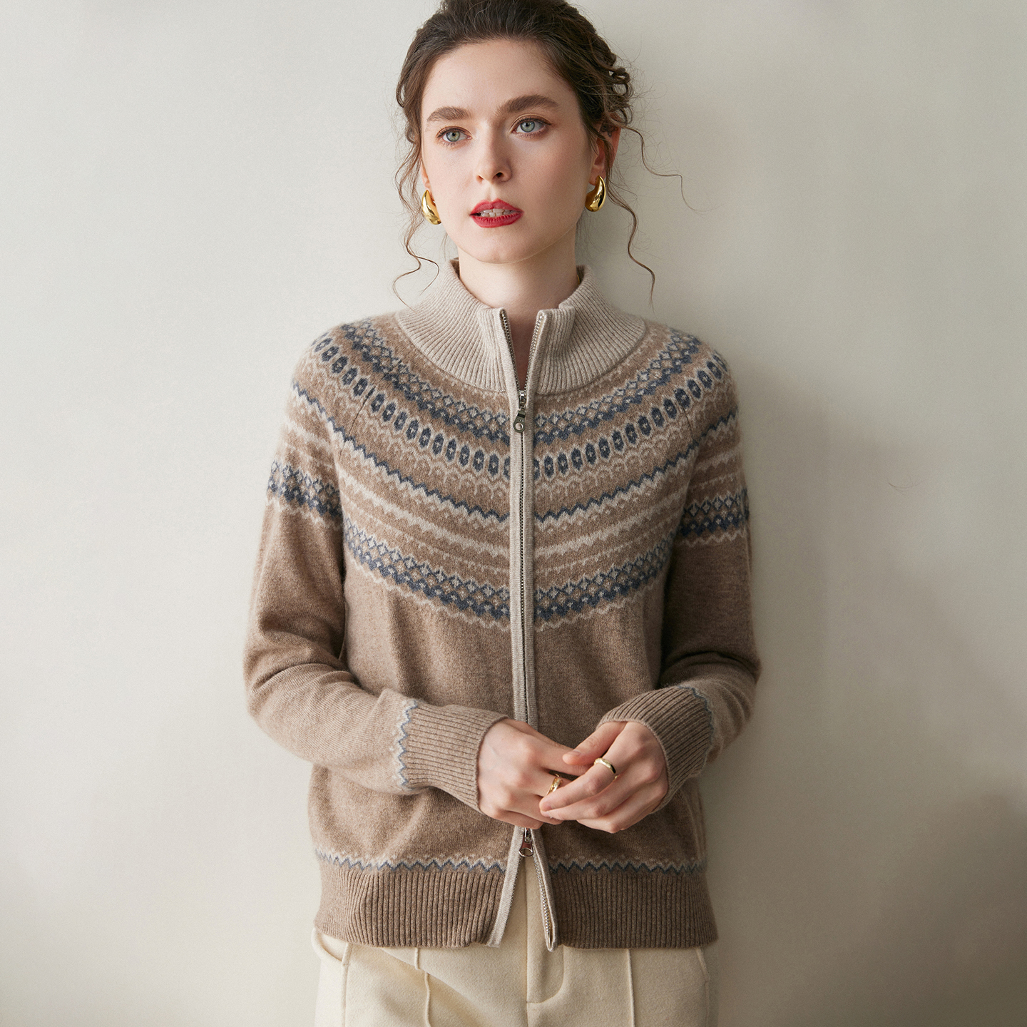 半高领拉链针织开衫山羊绒外套