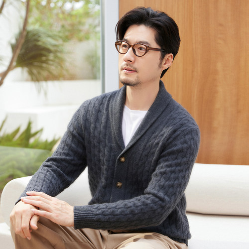 100%纯山羊绒男士青果领麻花开衫
