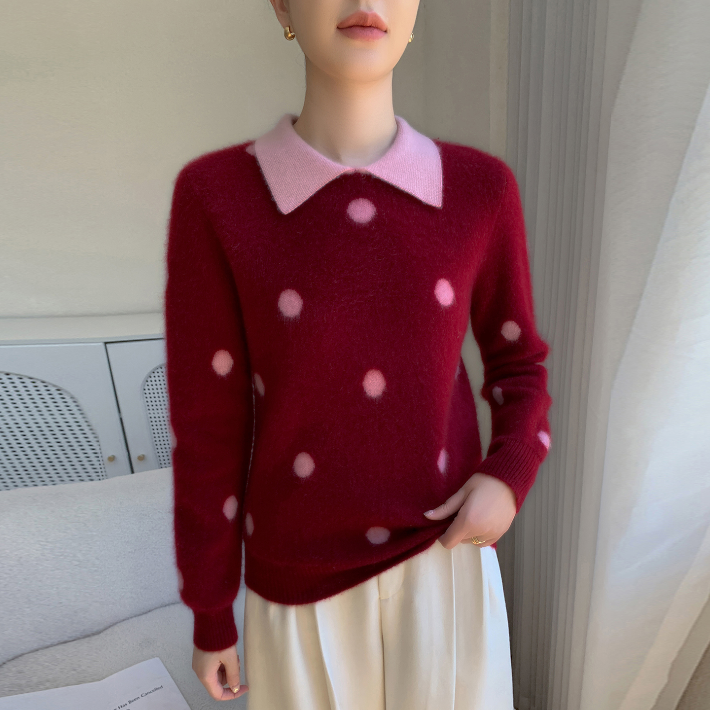 娃娃领波点山羊绒衫针织打底衫