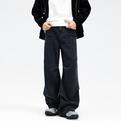 AWRB宽松阔腿褶皱牛仔裤男春秋季水洗深色口袋工装设计感休闲裤子
