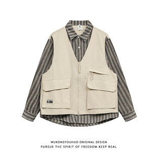 悟空有货日系复古假两件马甲拼接工装衬衫男女设计感潮牌休闲外套
