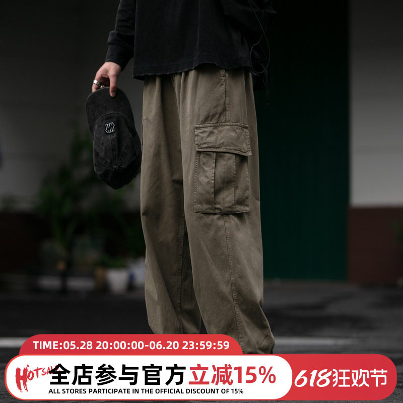 定织280g斜卡碳磨面料工装裤男潮牌春季宽松纯棉松紧腰直筒裤长裤