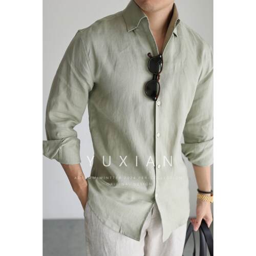 YUXIAN意式老钱100%亚麻一片领衬衫透气休闲 商务长袖衬衫男士春