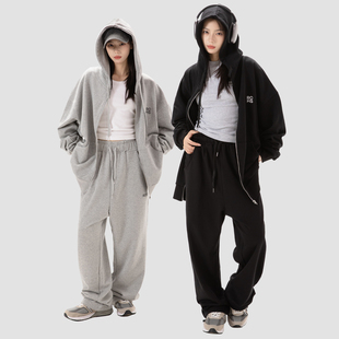 韩国ins风简约连帽宽松卫衣外套男女春秋运动Oversize慵懒套装