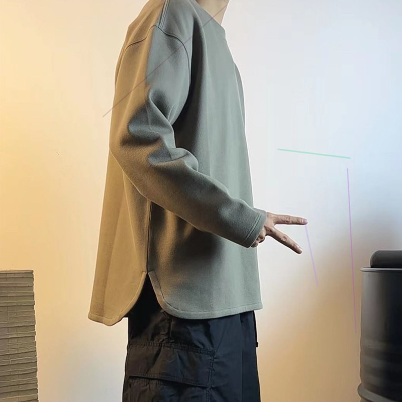 春秋季纯色oversize卫衣男2026新款圆弧开叉无帽套头长袖打底衫潮