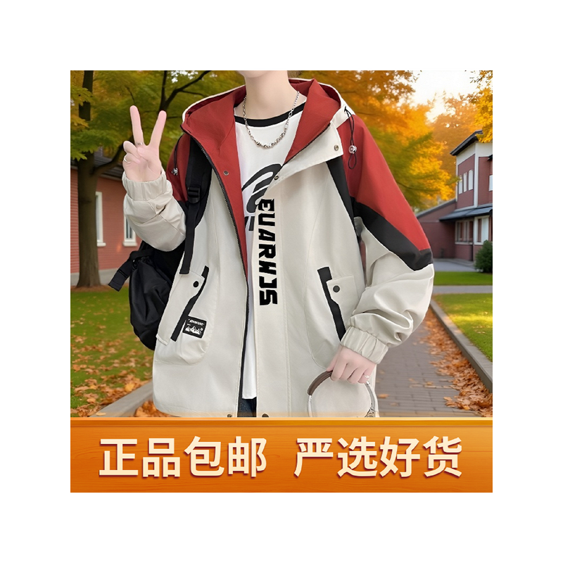 春秋季连帽夹克男宽松冲锋衣青少年休闲外套春装学生港风潮牌上衣