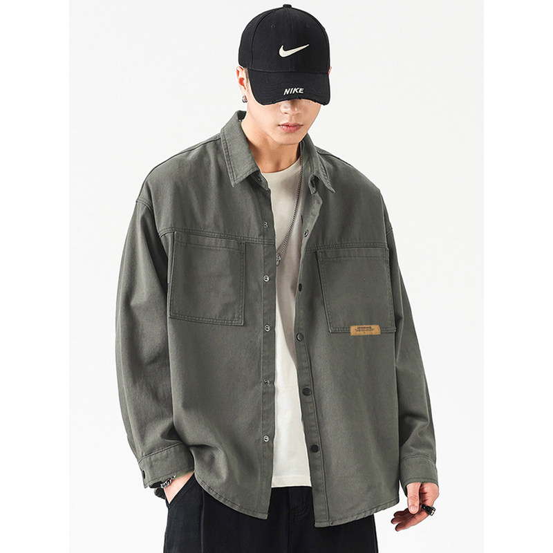 吾一白春秋季2026男生美式复古工装衬衫外套男士休闲长袖纯棉衬衣