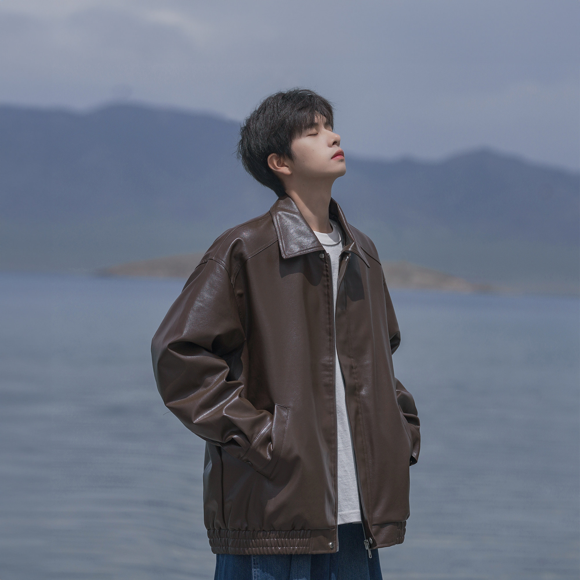 美式覆古pu皮衣外套男春秋棕色男生上衣男装春秋季男士皮夹克男款